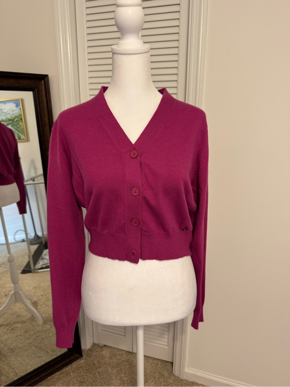 Cropped V-Neck Button Cardigan Sweater - Magenta